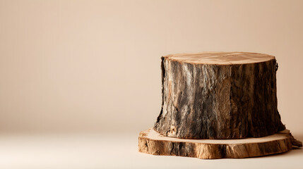 Close-Up wooden podium made from tree trunk on beige background