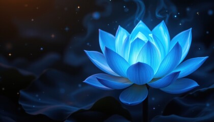 create a captivating image of a glowing blue lotus flower with multiple petals set against a dark, starry background, the lotus should appear ethereal and otherworldly