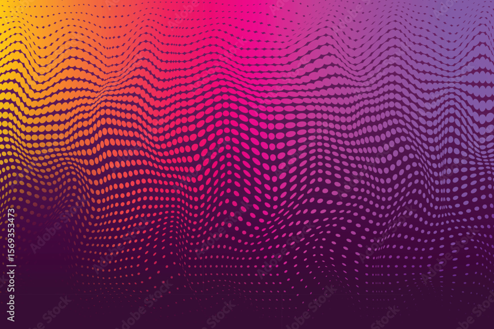 Poster abstract wavy pattern with halftone dots in gradient colors of orange pink and purple background iso