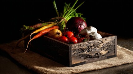 Rustic wooden crate with fresh vegetables on brown burlap fabric for organic farm harvest theme
