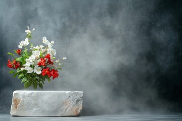 A piece of gray stone is a podium with flowers. Generative AI