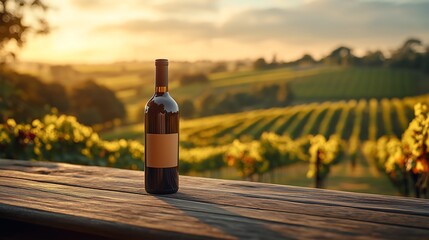 Fototapeta premium Wine Bottle Mockup on Wooden Table Overlooking Vineyard at Sunset