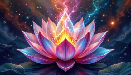 create an illustration of a lotus flower with nebula infused petals that bridge the gap between nature and the cosmos.