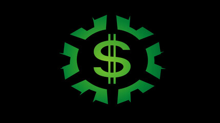 Green dollar sign inside a stylized circular gear with arrow shapes on a black background, symbolizing finance and industry.