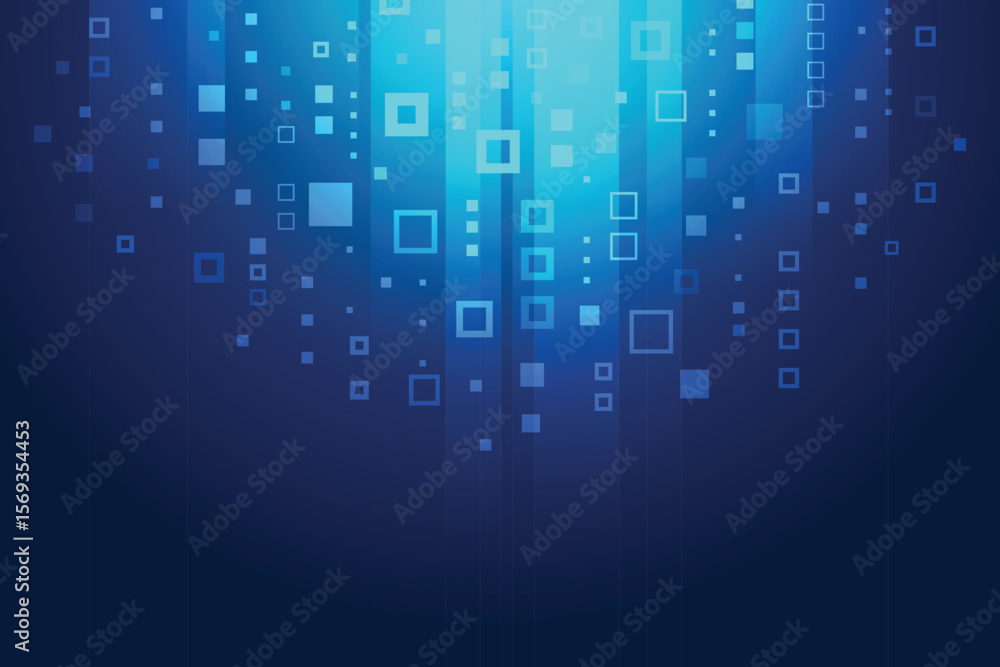 Poster abstract blue background with squares and vertical lines creating a digital data stream effect isola