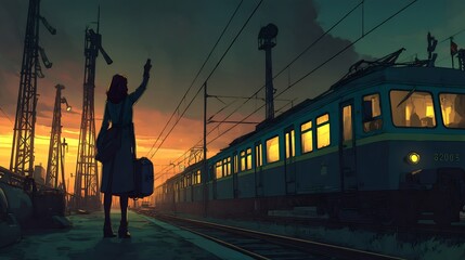 Woman waving goodbye at train station sunset.