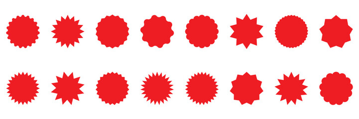 Set of red star burst shape tags for price. Circle sticker set. Wavy edge promo black badges.  Blank sale stickers. Simple silhouette. Flat vintage labels isolated on transparent background.