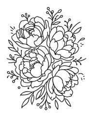 Elegant hand drawn floral illustration of peonies and sprigs perfect for design projects