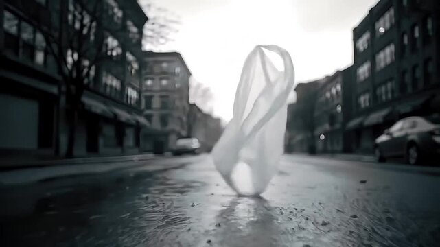 Plastic bag blowing in empty street during overcast day  