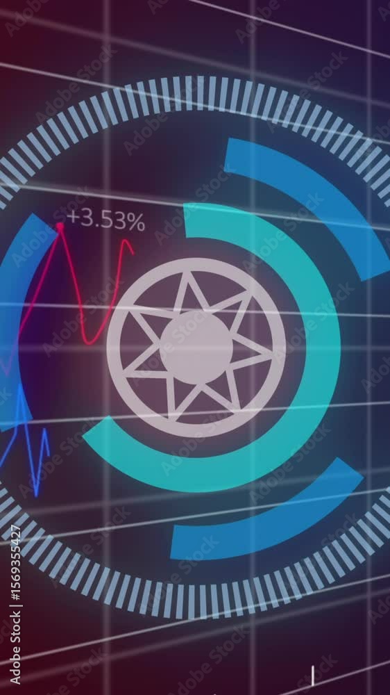 Poster Animation of round scanner spinning over statistical data processing against gradient background