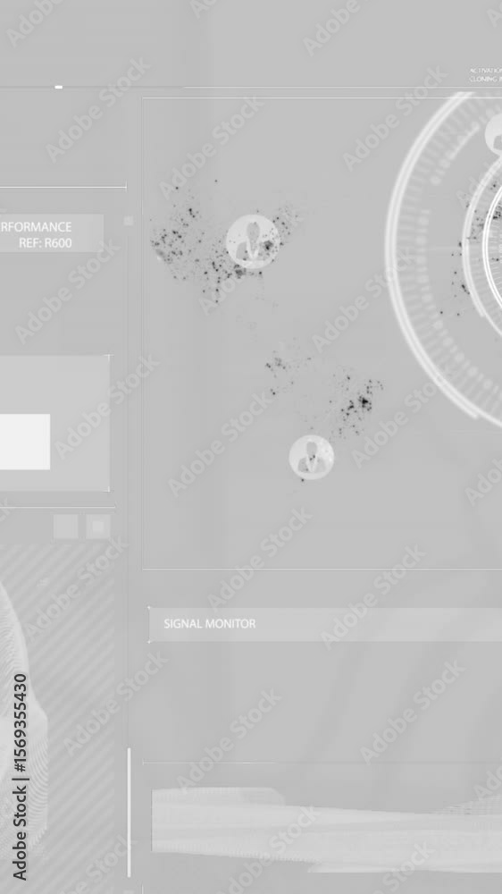 Poster animation of data processing and icons over cityscape