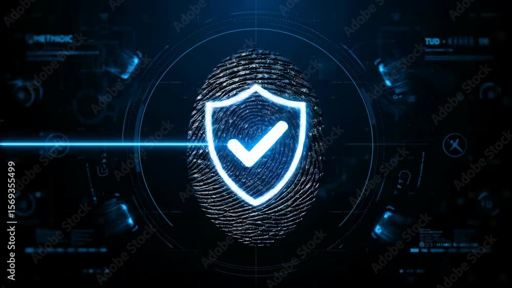 Poster blue laser scanning fingerprint for biometric identification on dark background with secure shield s