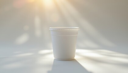 create a photo of an empty plastic cup with sealing film mockup on a white background, under daybreak shine
