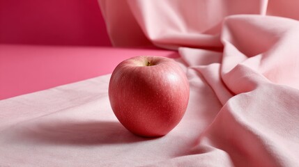 Single red apple on pink fabric background for health, food simplicity and still life photography concept