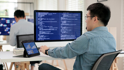 Smart AI cyber bot IT deep tech tools help write prompt python code web screen. Asia people asian man typing busy work predict big data mining center office upskill STEM expert skill job coder course.