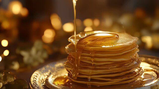 close-up of honey pouring over the pancake stack