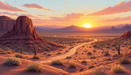 Naklejka premium create an illustration of geological faults and tectonic processes in an arid landscape, the scene should be set during sunset, with warm orange tones