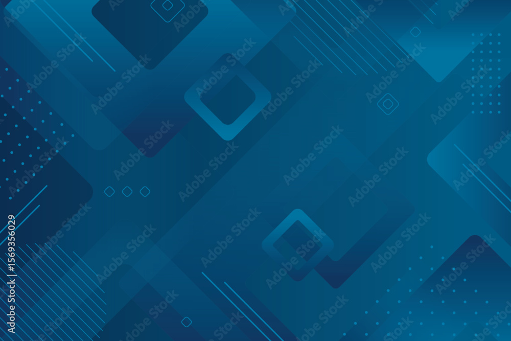 Poster a blue background with geometric shapes including squares circles and diagonal lines overlaying isol