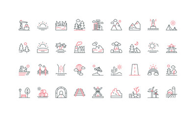 City and nature, mountain and sea, lake landscape, village field line icon set. Lighthouse and island in ocean waves, river bridge and sunset thin black and red outline symbols vector illustration