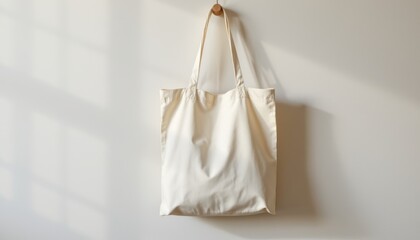 create a photo of a tote bag hanging against a simple background with space for branding mockup, position the tote bag in the center of the image under soft diffused lighting