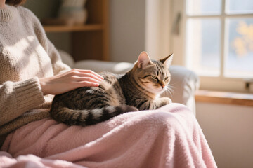 Senior cat lying peacefully on owner’s lap, gentle hand stroking back, soft blanket texture, warm sunlight filtering indoors, intimate calm pet moment, photorealistic and cozy