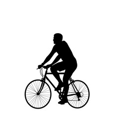 Fototapeta premium Silhouette of a man riding a bicycle, side view vector illustration isolated on white background. Black and white simple cycling graphic