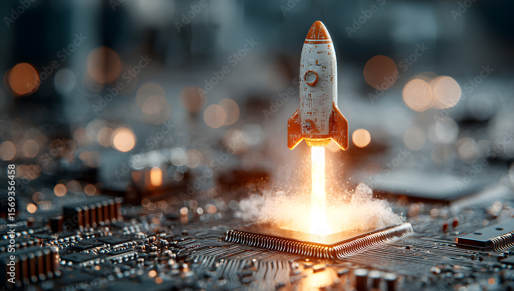 Poster fiery rocket with glowing flames ascends from microchip on electronic circuit board, symbolizing tec