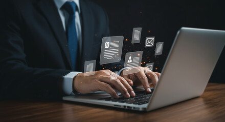 Data flow from laptop: A person is working on a laptop, surrounded by floating icons representing documents and data, symbolizing modern digital data flow and management.