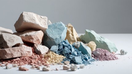 Pastel clay mineral blocks scattered on white surface for beauty wellness and spa product visuals concept