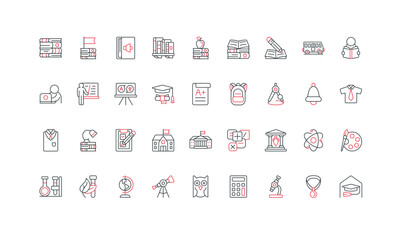 Back to school, student and teacher in classroom, graduation line icon set. Learn and test astronomy and geography, biology and physics, chemistry lesson thin black and red symbols vector illustration