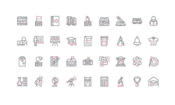 Back to school, student and teacher in classroom, graduation line icon set. Learn and test astronomy and geography, biology and physics, chemistry lesson thin black and red symbols vector illustration