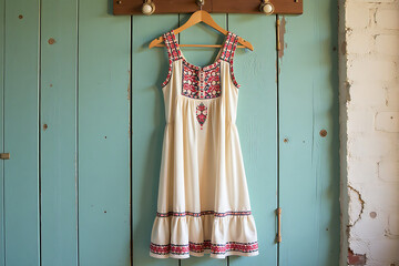 Old-Fashioned Dress with Red Edging on Blue Textured Background

