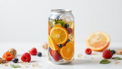 create a photo of a clear plastic drink can sealed with a silver ring pull tab lid filled with clear drink and sliced fresh fruits including kiwi, orange, berry