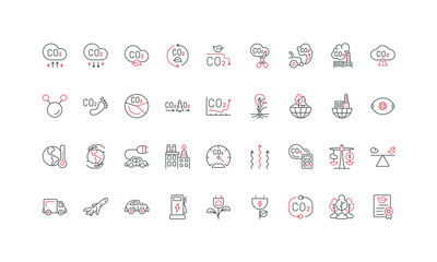 CO2 pollution, carbon credit, factory and car emissions line icon set. Eco friendly and green technology protect and save nature, ecology thin black and red outline symbols vector illustration