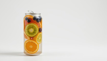 create a photo of a clear plastic drink can sealed with a silver ring pull tab lid filled with clear drink and sliced fresh fruits including kiwi, orange, berry