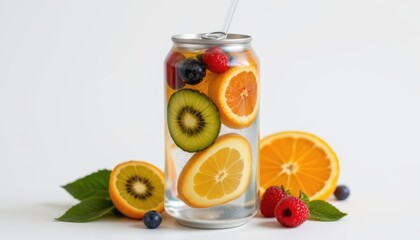 create a photo of a clear plastic drink can sealed with a silver ring pull tab lid filled with clear drink and sliced fresh fruits including kiwi, orange, berry