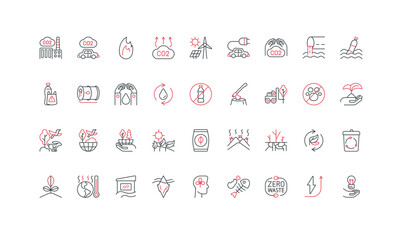 Environment problem and eco friendly solution for ecology protection line icon set. Wildlife conservation, renewable energy development, zero waste thin black and red symbols vector illustration