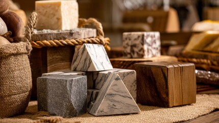 Fototapeta premium Rustic handmade soap and natural ingredients stacked with wooden base for organic skincare visuals branding concept
