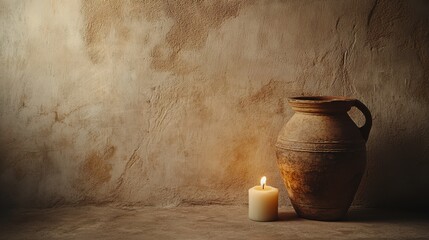 Clay pot and candle on rustic background in warm lighting  