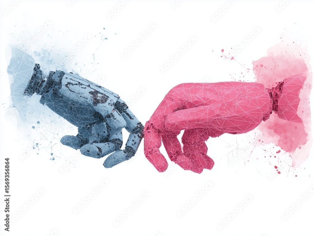 Poster robotic hands reach out in an illustration of artificial intelligence and technology's creative pote