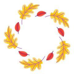 Autumn frame. Round border made of leaves, oak, birch, berries, maple. leaves have a different shape and are arranged in a circle. Vector flat isolated on white background.