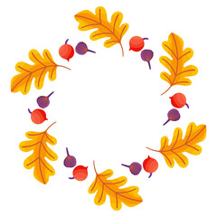 Autumn frame. Round border made of leaves, oak, birch, berries, maple. leaves have a different shape and are arranged in a circle. Vector flat isolated on white background.