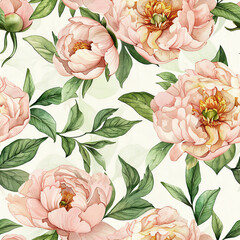 Watercolor seamless pattern with pink peonies flowers and green leaves on beige background
