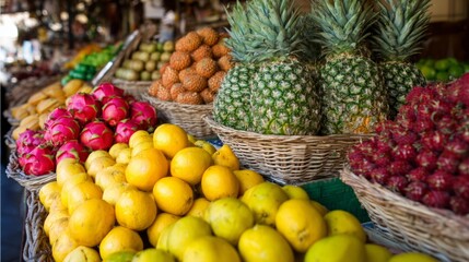 Fresh tropical fruits in market baskets for organic food nutrition health concept grocery produce visuals composition