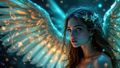 create a captivating portrait of a beautiful angel woman in a magical fantasy setting, she is positioned on an abstract galaxy background, glowing with energy lights and particles