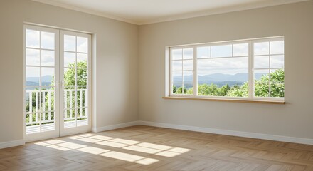 Fototapeta premium Empty room with French doors and window overlooking a green landscape
