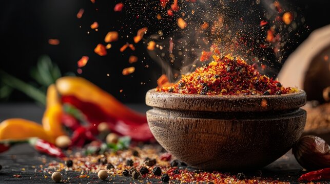 Spices flying from wooden bowl on black background for dramatic culinary cooking visuals food product photography concept