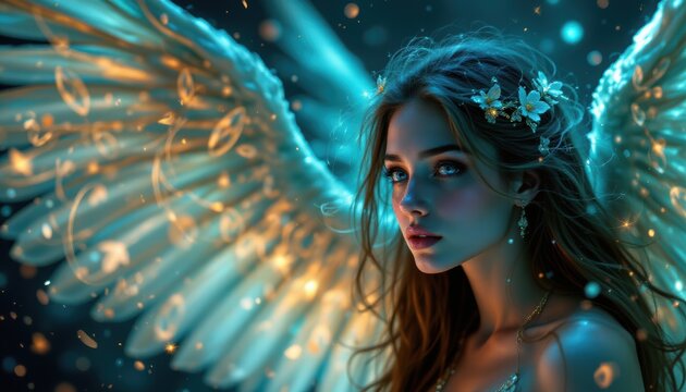 create a captivating portrait of a beautiful angel woman in a magical fantasy setting, she is positioned on an abstract galaxy background, glowing with energy lights and particles