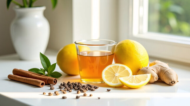 Natural chyawanprash ingredients wellness flat lay with cinnamon sticks, tulsi leaves, lemon slices, ginger root on white table, illuminated by soft morning sunlight for health boost