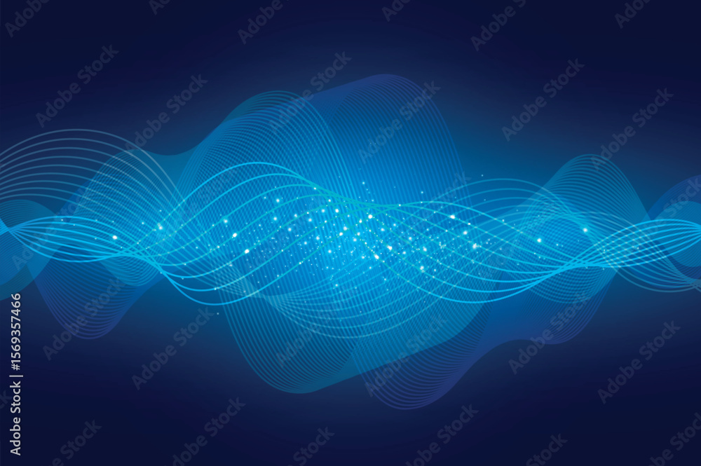 Poster Abstract blue wavy lines with glowing particles creating a dynamic and modern visual representation isolated on transparent background
